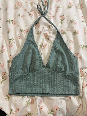 SHEIN Sage Green Halter Lace-Texture Crop Top